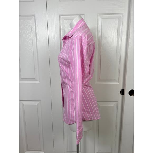 Zara Pink White Striped Collared Slim Fit Poplin Button Down Womens Shirt Size M - Picture 5 of 10